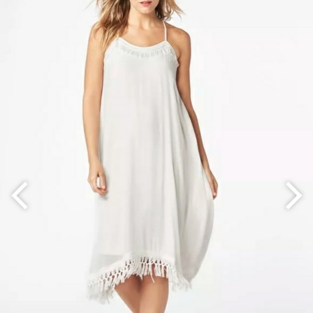 JustFab White Macrame Tank Dress w/ Fringe, sz M